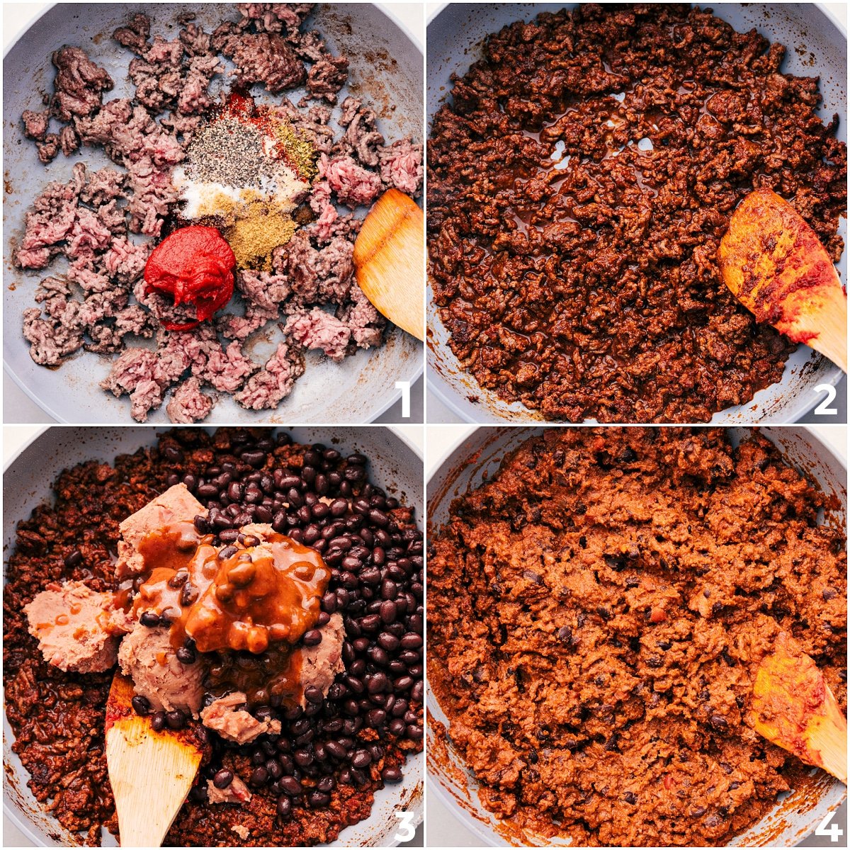 Beef browning with seasonings and tomato paste, then mixed with beans and enchilada sauce for these Ground Beef Enchiladas.