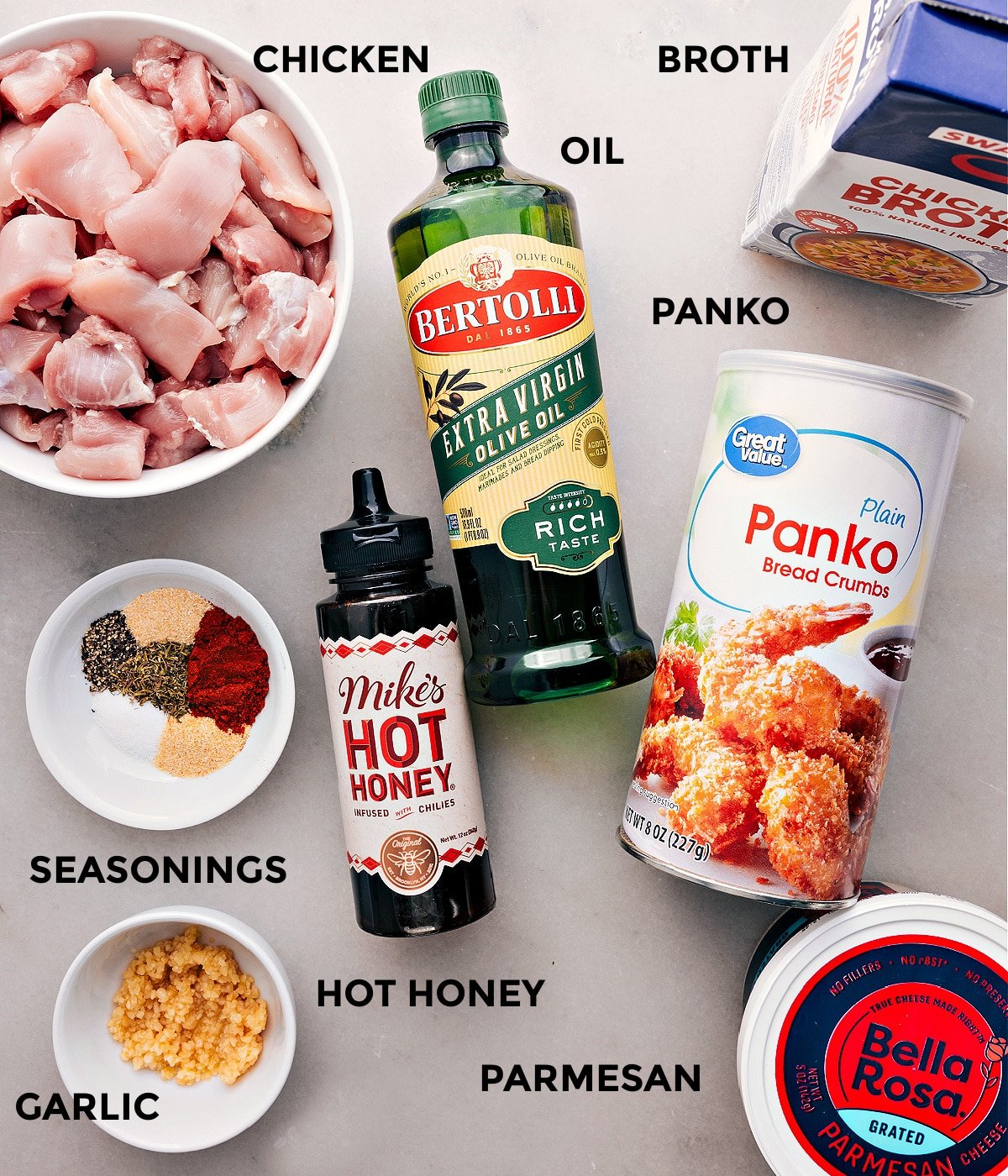 This recipe starts with everything prepped for easy assembly—meat, broth, panko, oil, honey, seasoning, parmesan, and garlic.