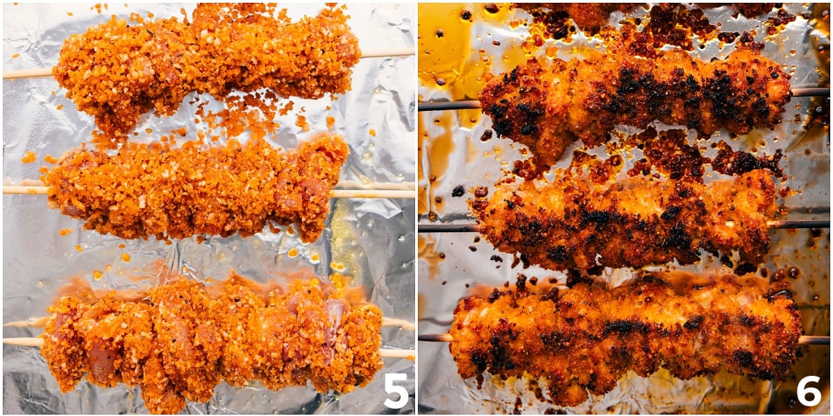 The meat placed on a skewers and cooked to perfection in the oven.