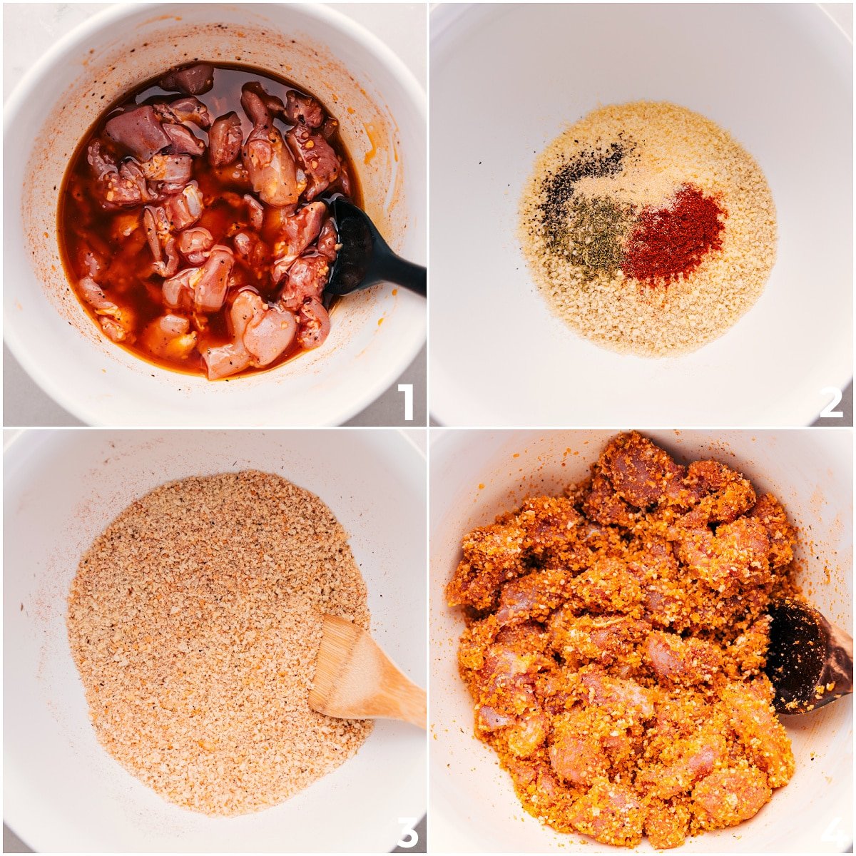 The chicken marinates while the panko breadcrumb topping gets prepped, then everything gets tossed together for this hot honey chicken.