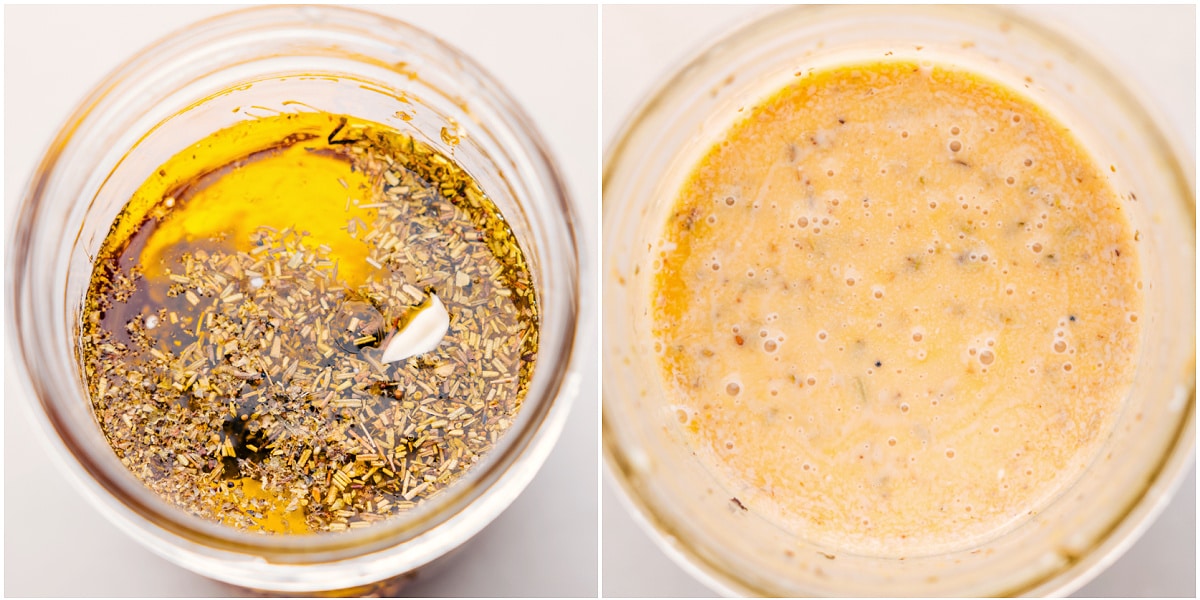 The salad dressing mixed together in a mason jar.