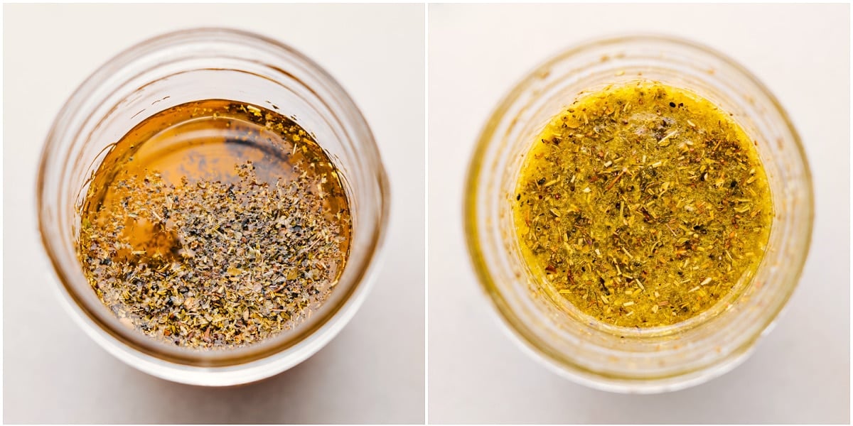 Mixing together the dressing ingredients in a mason jar.