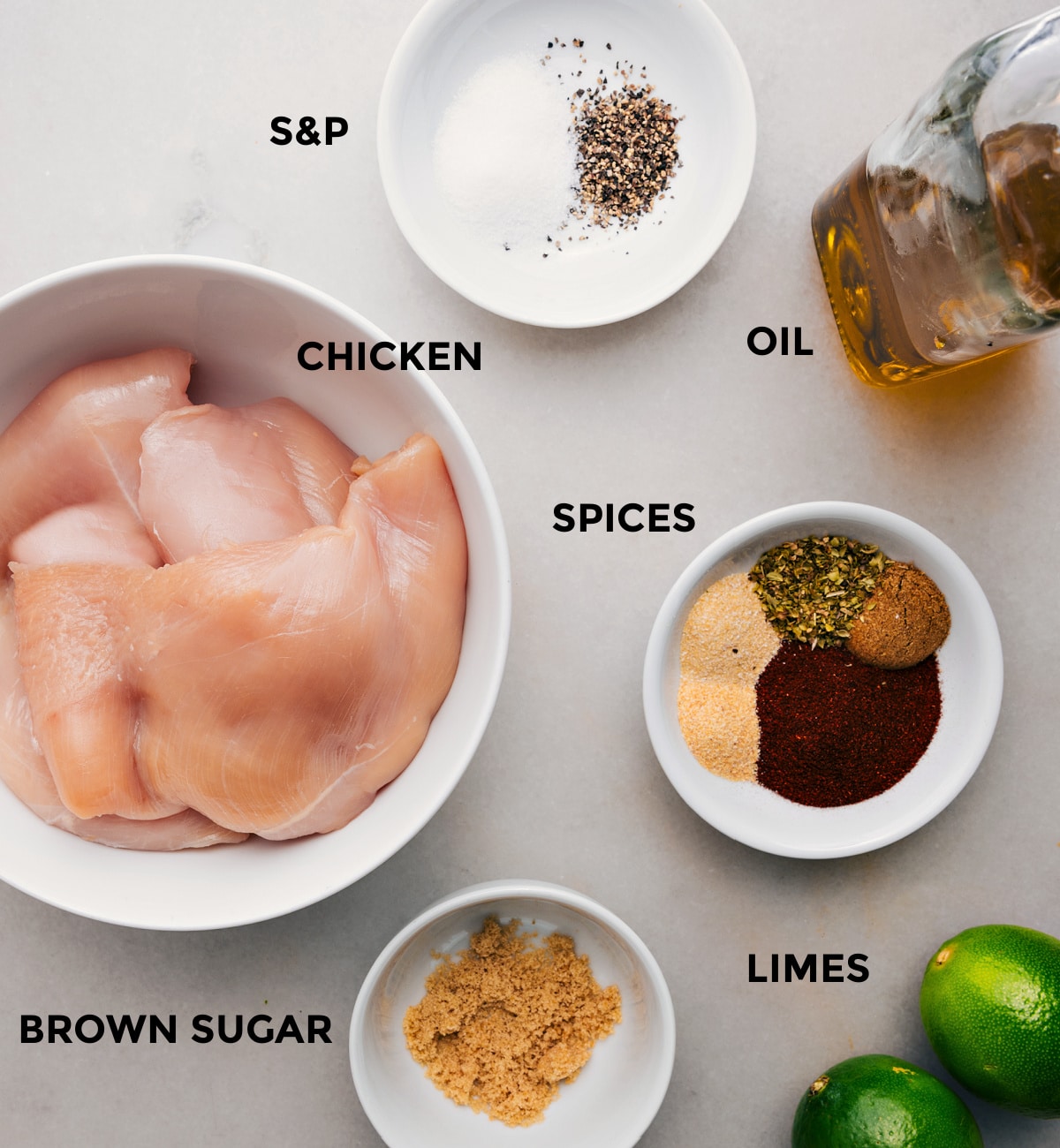 Everything’s prepped and ready for easy assembly—chicken, spices, oil, limes, and brown sugar.