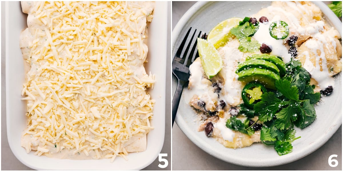 The dish is topped with cheese, baked until golden, then served with fresh cilantro, avocado, and lime wedges.