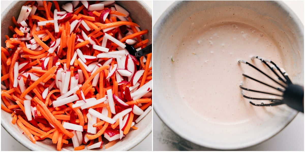 The radish and carrot salad are mixed together in a bowl, and the sauce to top the dish is whisked together in a separate bowl.