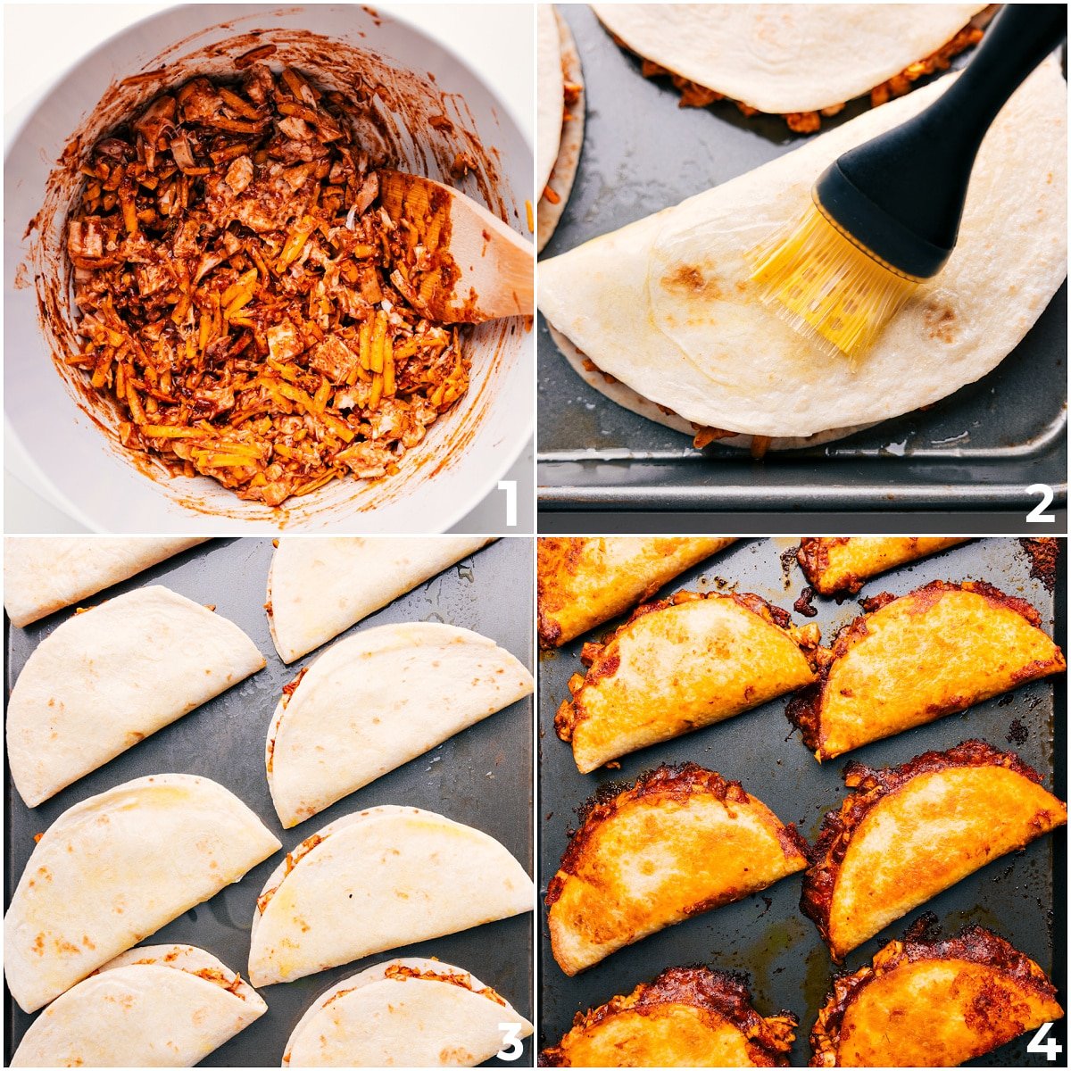 The chicken mixture is combined in a bowl, then filled into tortillas. The tortillas are brushed with oil and baked to crispy perfection for these baked chicken tacos.