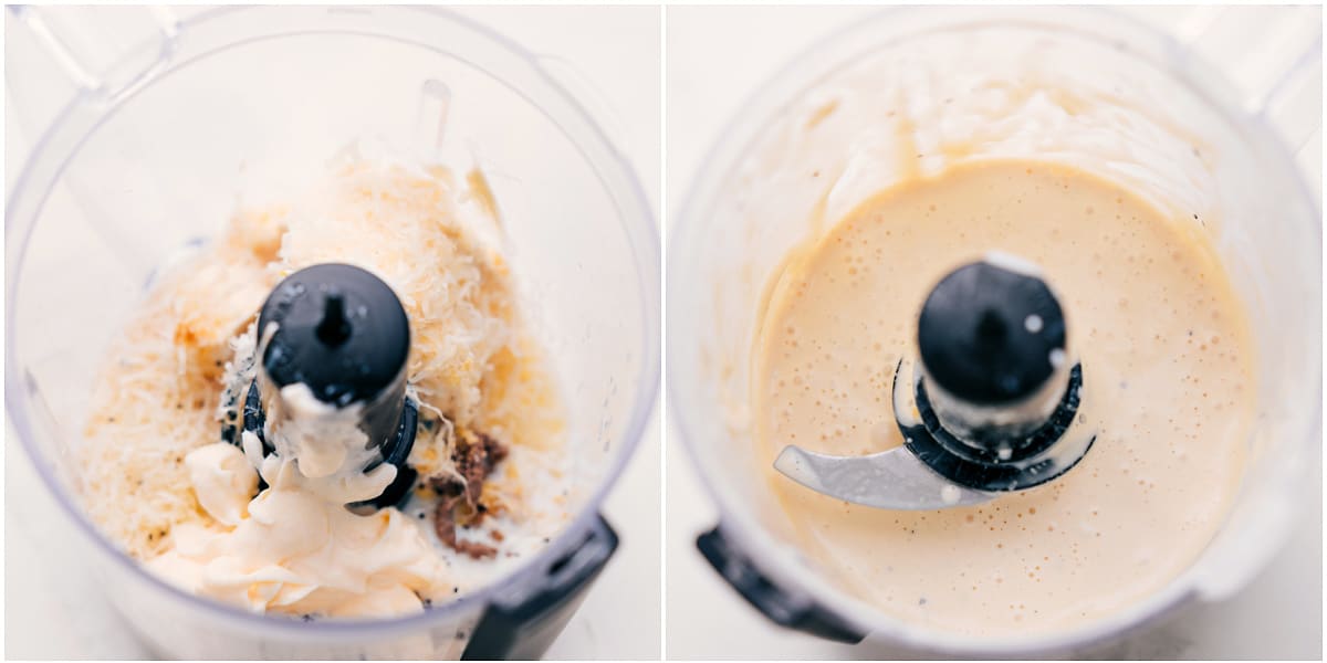 All the ingredients for this Caesar dressing recipe are added to a food processor and blended together.
