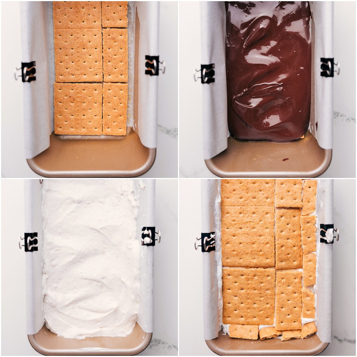 Layers being assembled in a bread pan—starting with graham crackers, followed by melted chocolate, whipped cream filling, and a final layer of graham crackers.