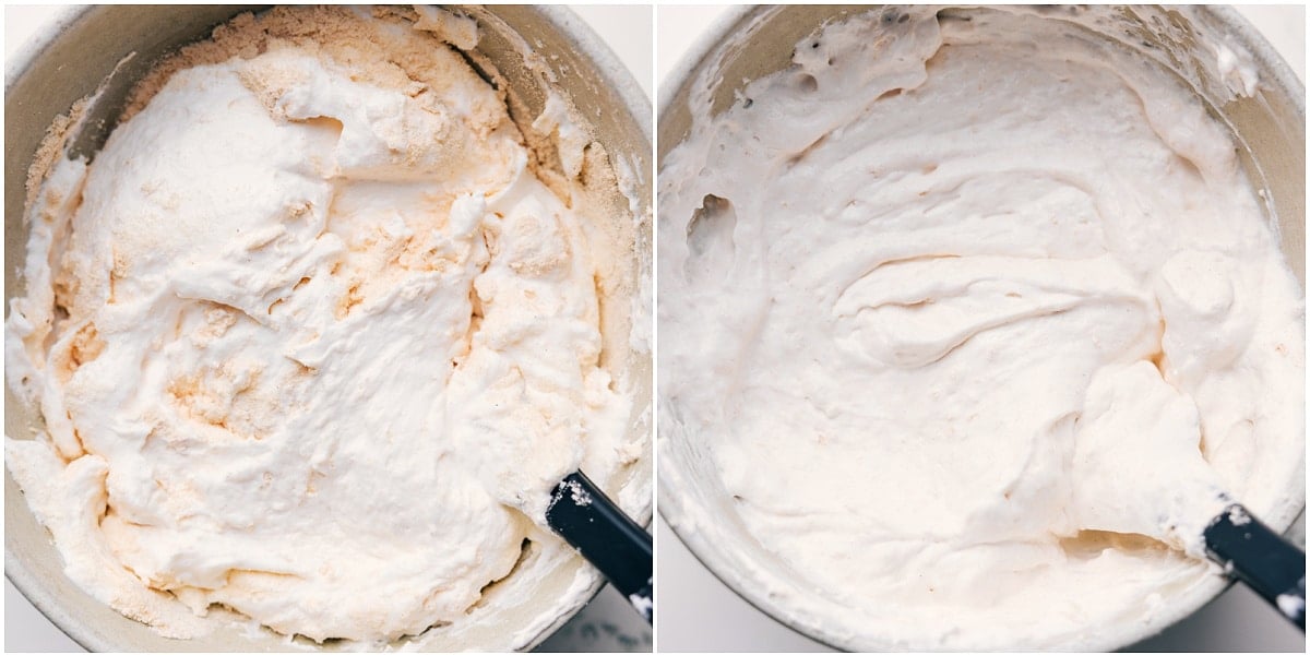 Whipped cream being mixed with protein powder to create the filling for the frozen protein s’mores.