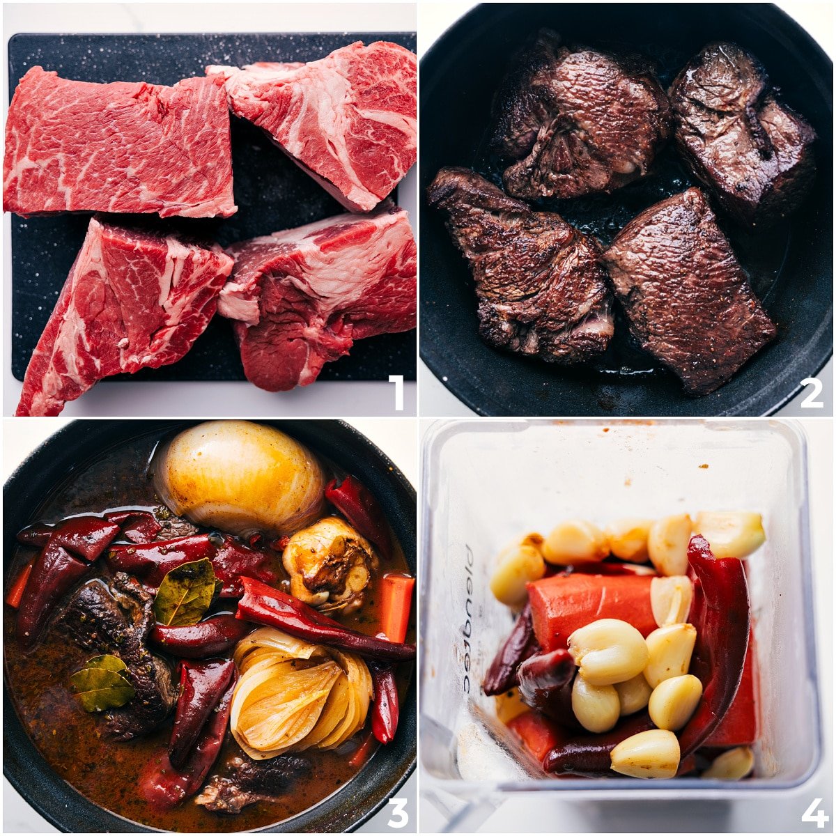 The chuck roast is chopped, seared, and added to a pot with the other ingredients to cook together. Then, all the larger ingredients are transferred to a blender and blended into a smooth sauce for the quesabirria.