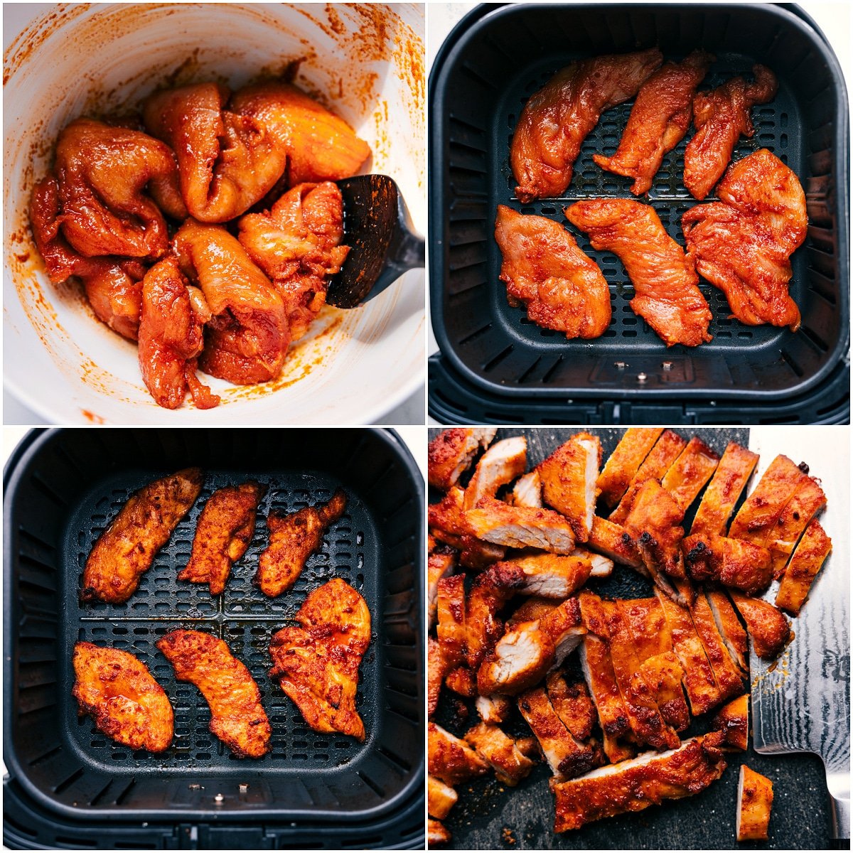 Chicken tossed in sauce, then air fried until crispy.
