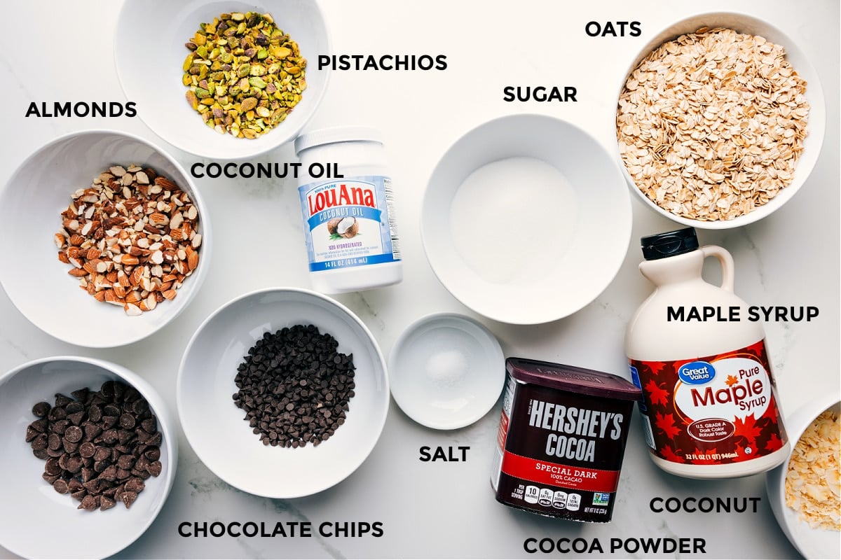 All the ingredients for this recipe laid out for easy assembly—oats, sugar, maple syrup, cocoa powder, salt, chocolate chips, coconut oil, pistachios, and almonds.