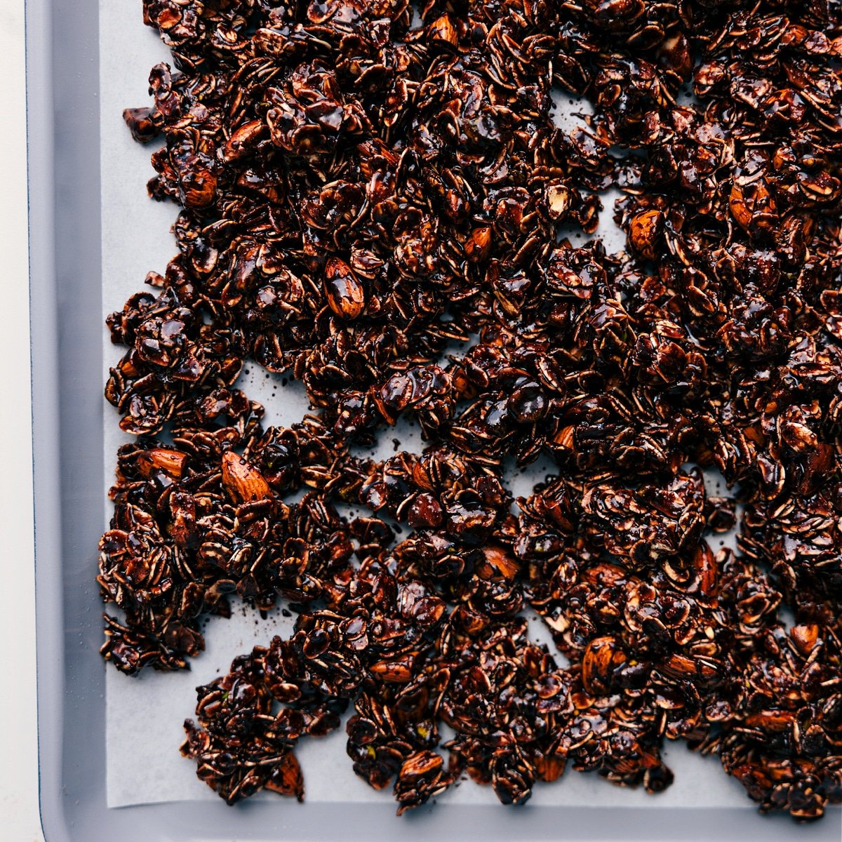The mixture is spread onto a baking sheet, ready to be baked.