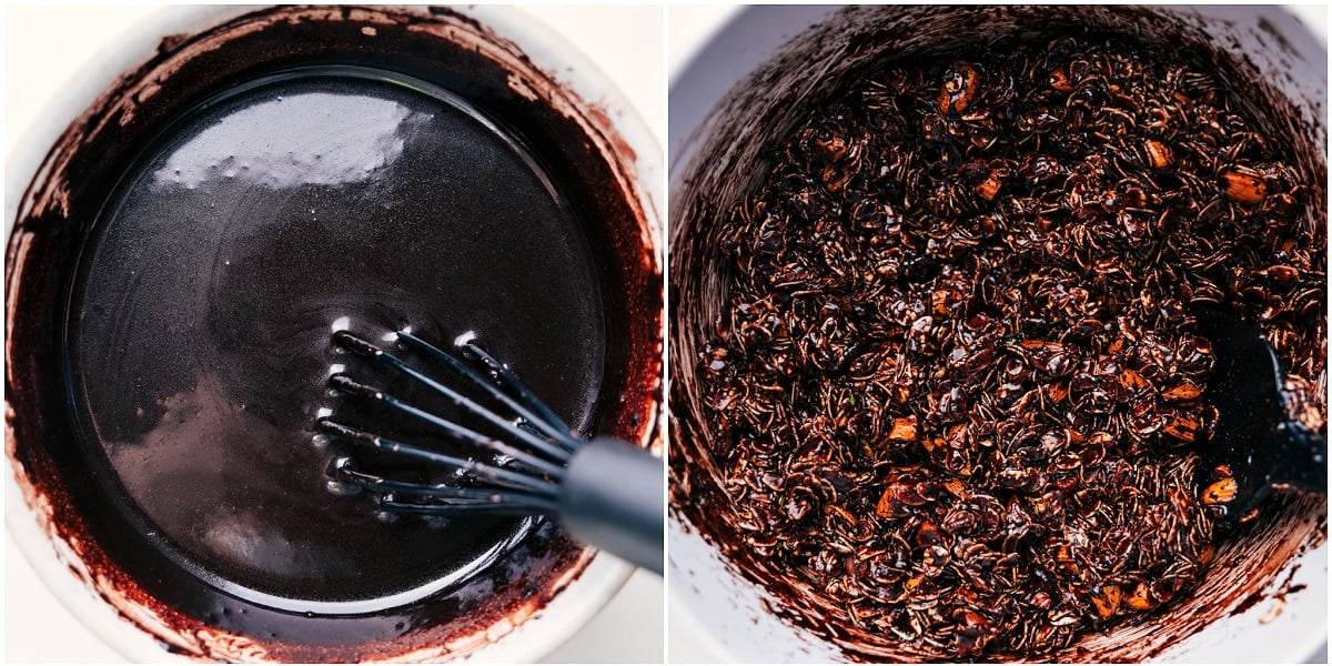 The melted chocolate mixture is poured over the dry granola ingredients to make this chocolate granola.
