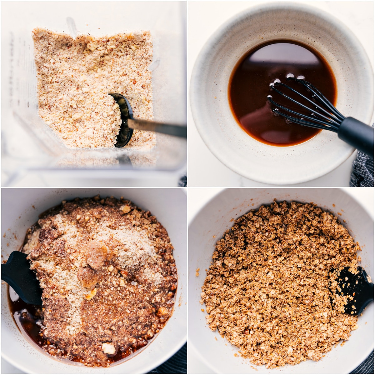 The oats are blended, the wet ingredients whisked together, then everything is combined for this Easy Homemade Granola Recipe.