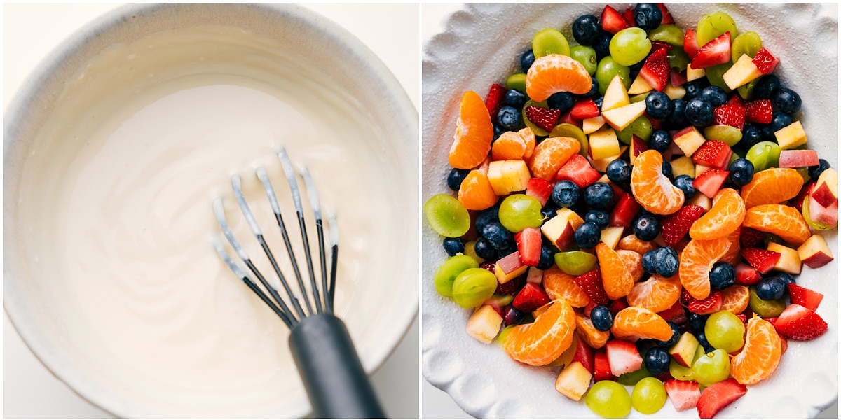 Creamy yogurt dressing whisked in one bowl and fruit salad mixed in another, ready to be combined for a creamy fruit salad with yogurt.