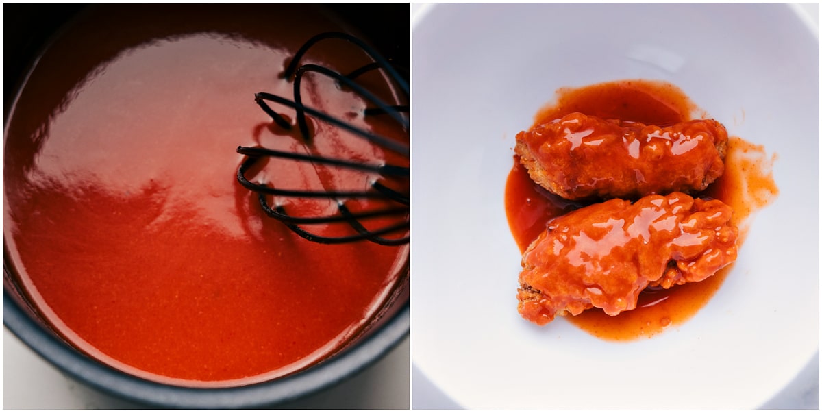 Hot sauce mixture being whisked in a pot, then used to coat the crispy chicken.