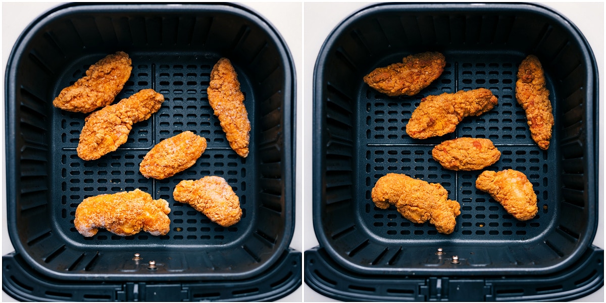 Chicken being air-fried to crispy perfection for Hot Honey Chicken Sliders.