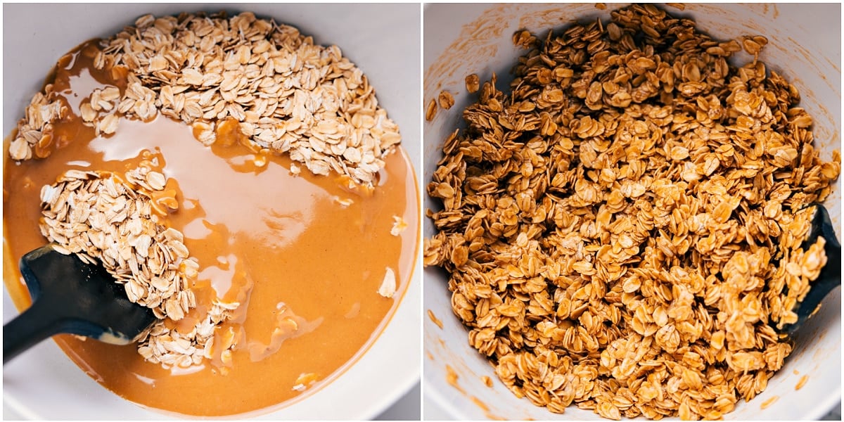 The wet ingredients mixed with oats until fully combined and ready to bake to crispy perfection.
