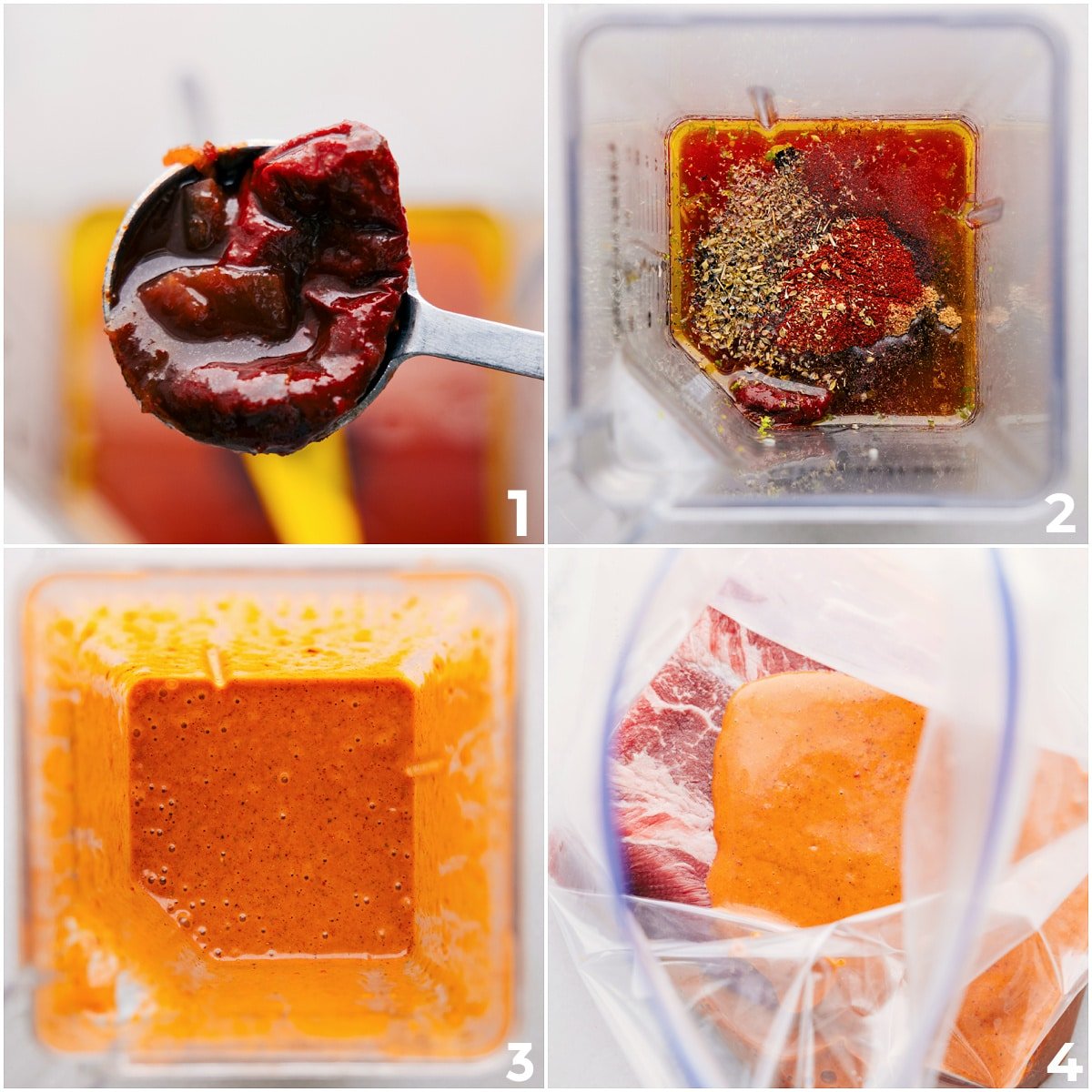 Steak bowl marinade blended in a blender then poured into a bag with steak to marinate.