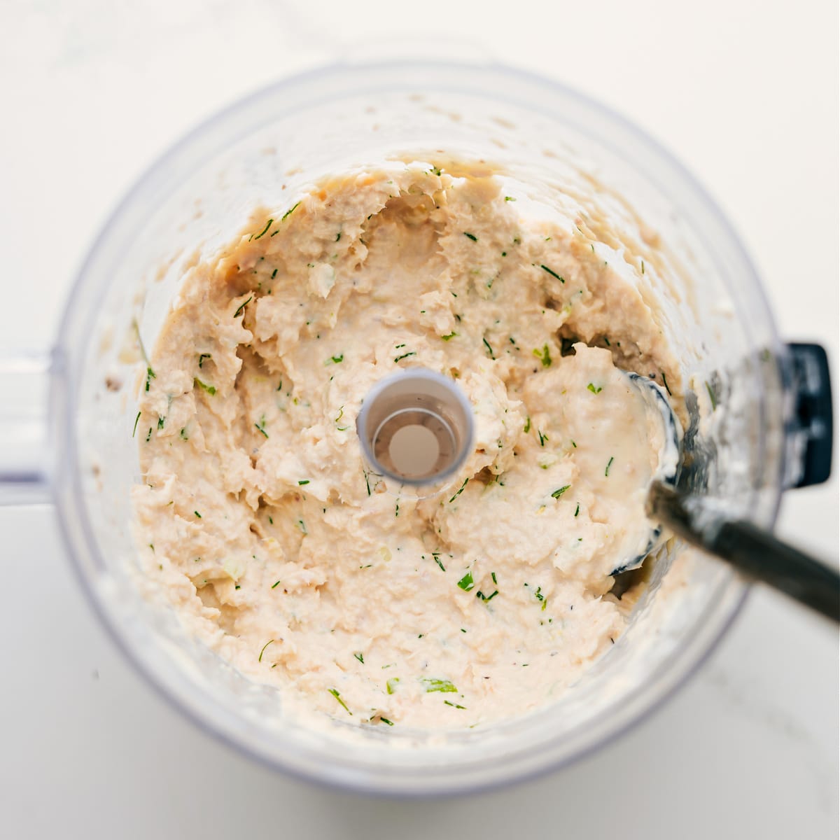 All the ingredients blended together in the food processor to make the creamy tunacado filling.