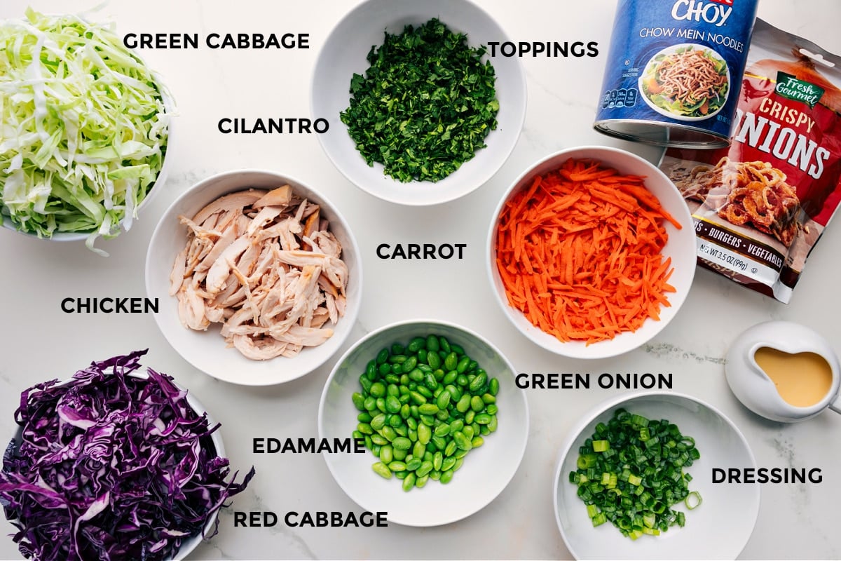 All the ingredients in this recipe prepped and ready for easy assembly: green cabbage, red cabbage, carrots, cilantro, chicken, edamame, toppings, chow mein noodles, crispy onions, and dressing.