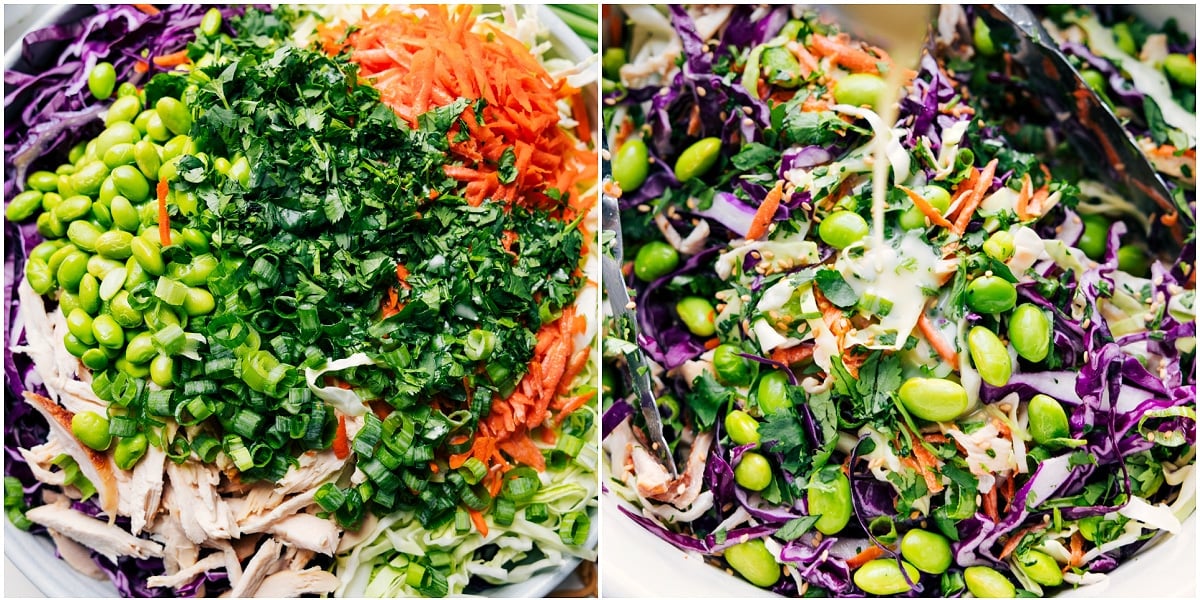 All the ingredients added to a bowl, then the dressing mixed in to toss everything together.