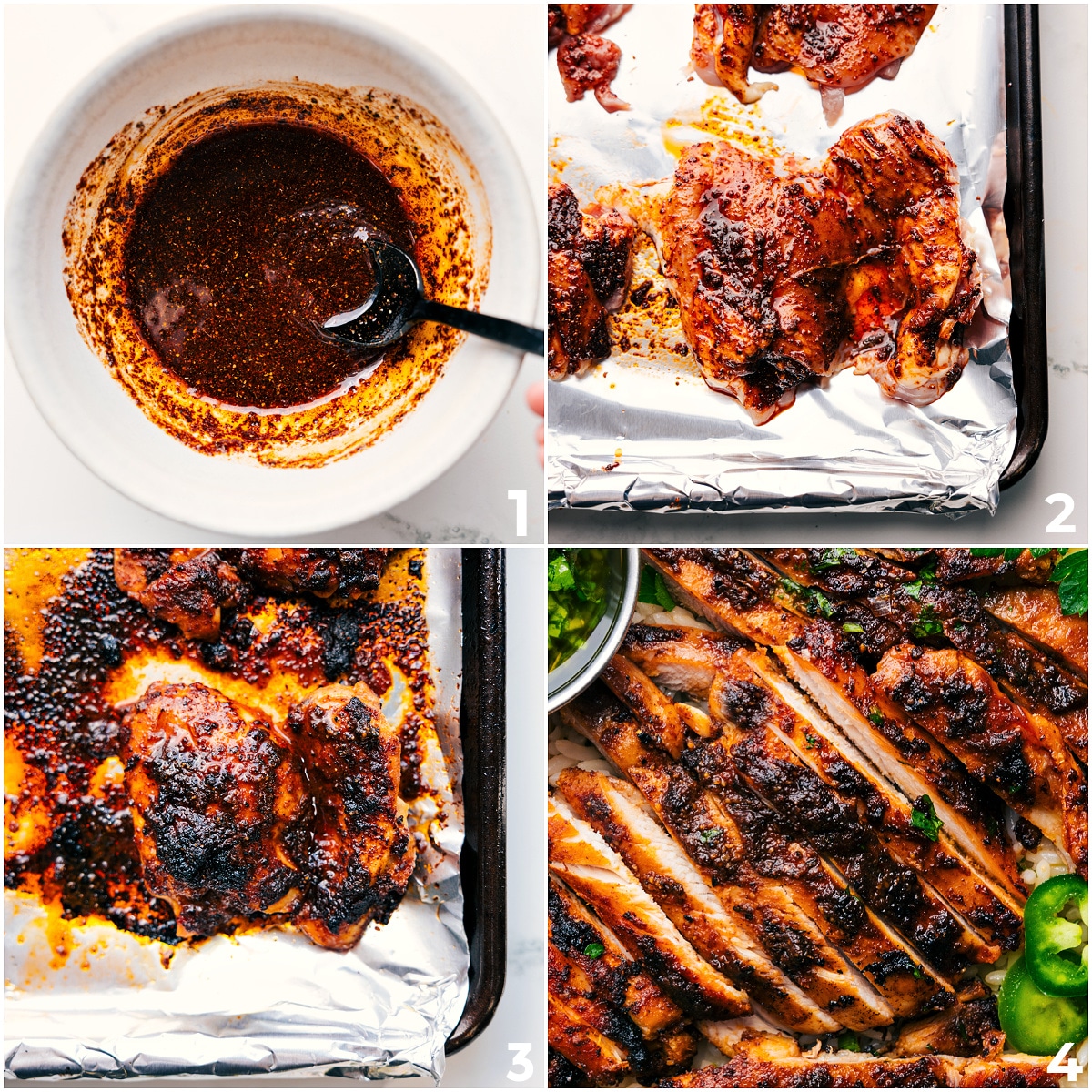 Baked chicken thighs being prepared with a rub, broiled in the oven, then sliced and ready to enjoy.