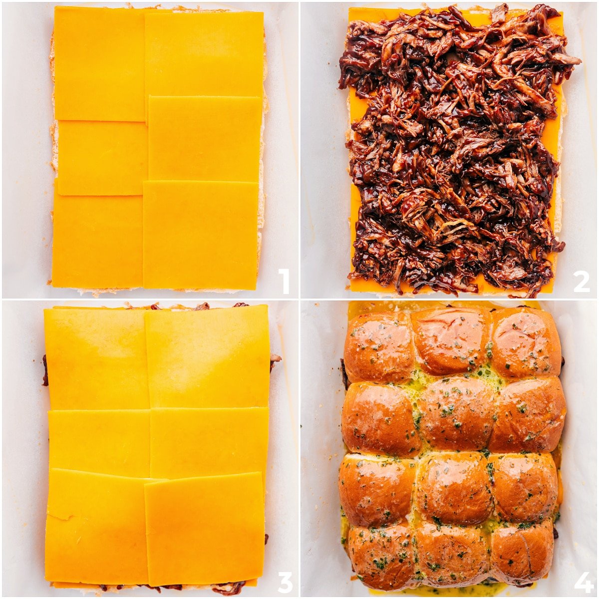 Cheddar, BBQ pork, and garlic-herb butter are layered into the slider buns for these BBQ Pulled Pork Sliders.