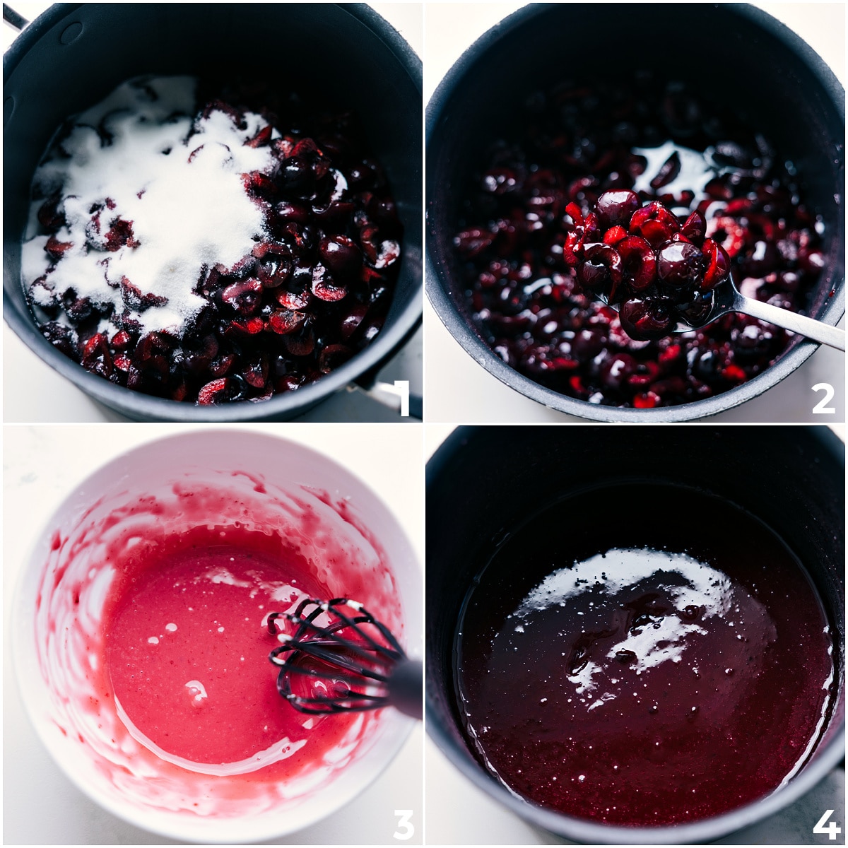 The cherries being cooked down with sugar for the best cherry pie recipe filling.