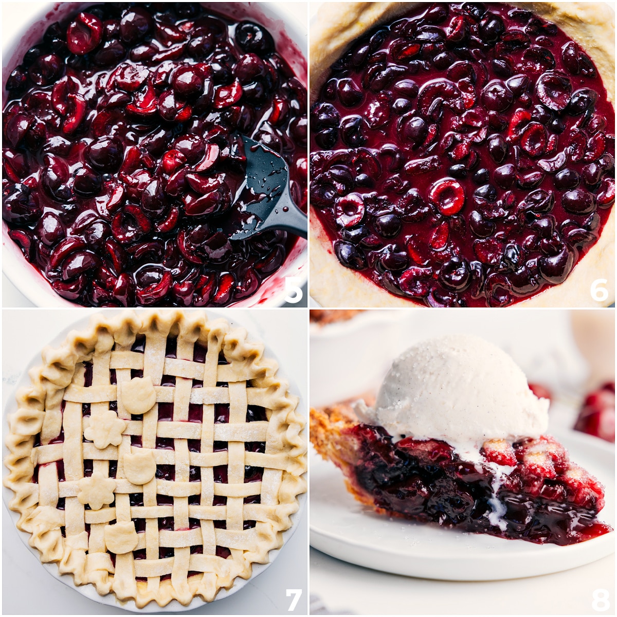 Cherry pie being assembled with filling added and top crust laid over, then baked until golden; a slice being served with a scoop of ice cream on top.