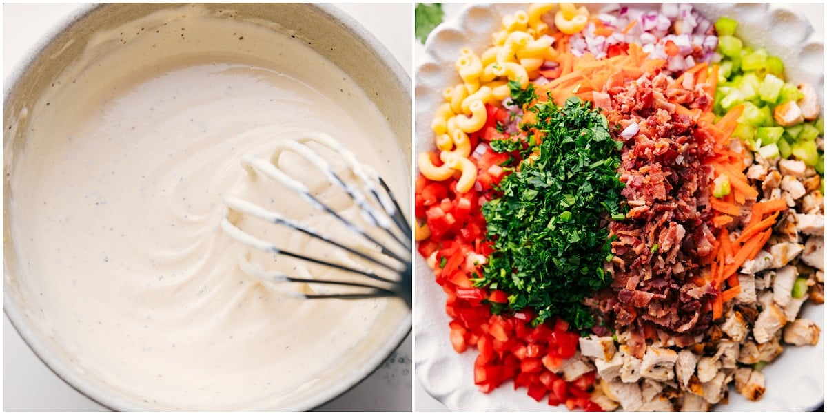 The dressing whisked together in a bowl and the salad ingredients all added in a bowl ready to be tossed together.