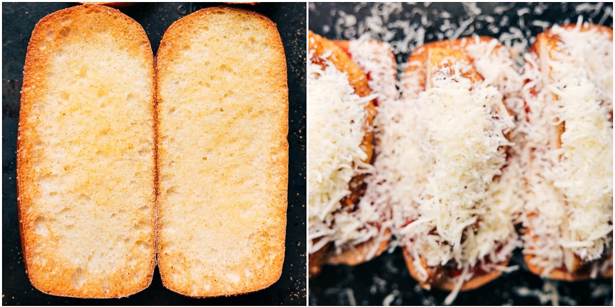 The bread toasted and all the ingredients added into the bread for this chicken parmesan sandwich.
