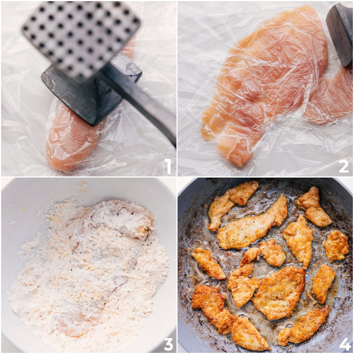 Chicken pounded to an even thickness, coated in breading, and fried in a skillet for Chicken Scampi.