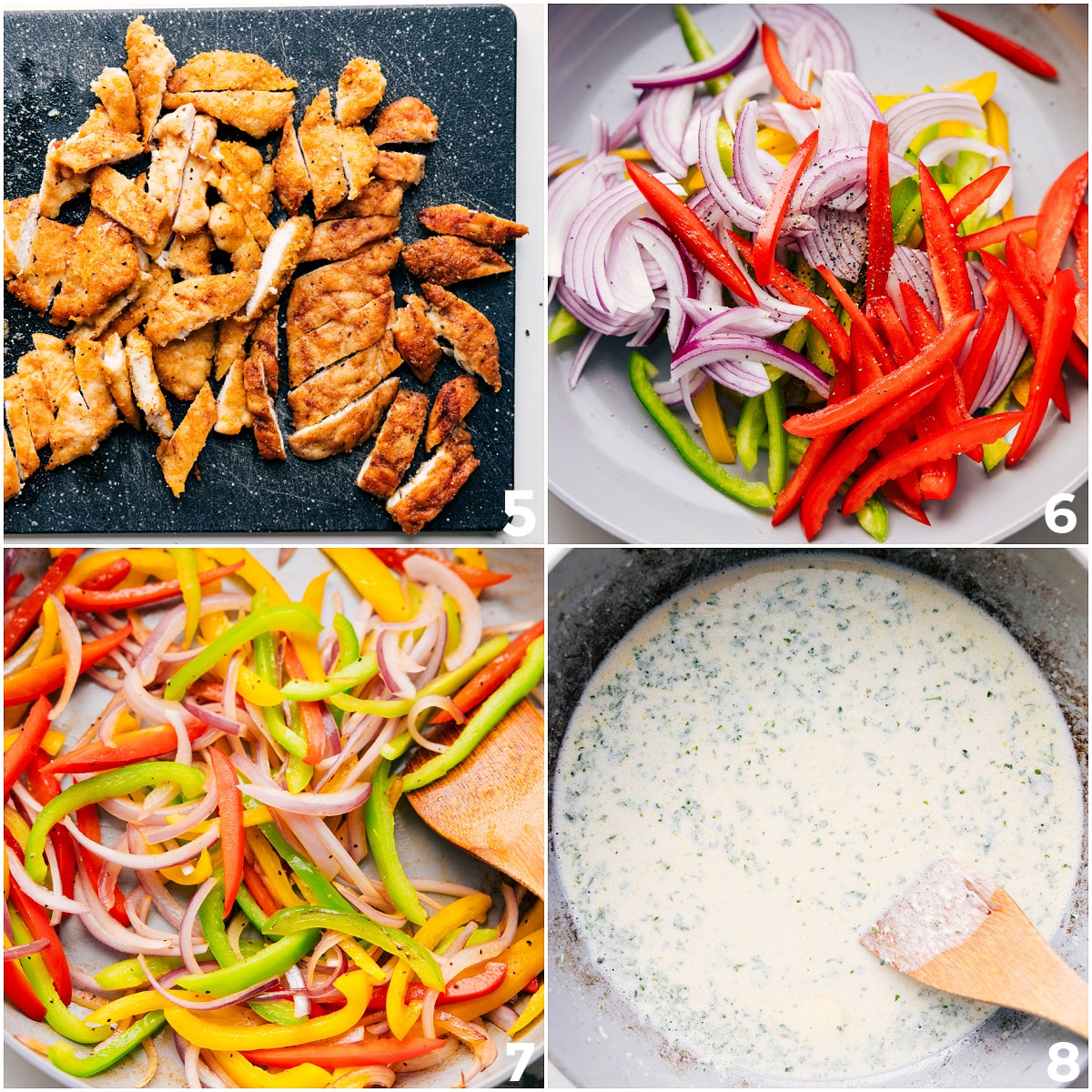 Chicken being diced, veggies sautéed, and cream sauce prepared.