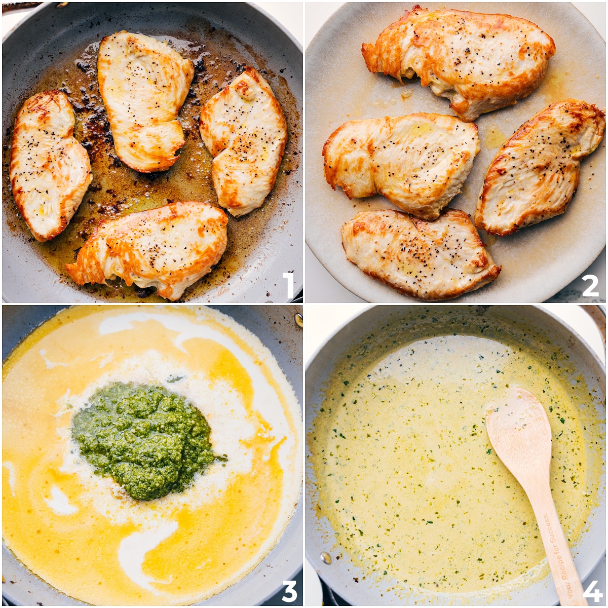 Chicken cooked to perfection in a skillet, then removed while cream, butter, and pesto are added to create a creamy pesto sauce.