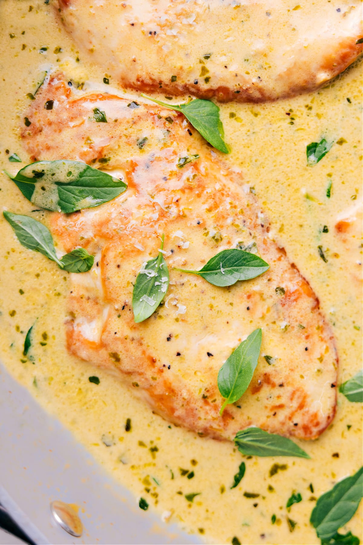 One Skillet Creamy Pesto Chicken Creamy Pesto Chicken in the creamy sauce in the skillet.