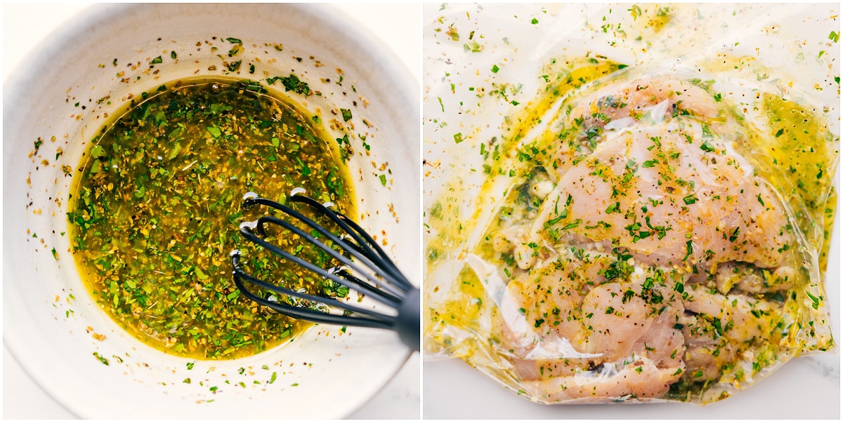 The marinade mixed together in a bowl and added to a bag with the chicken for this Greek chicken marinade.