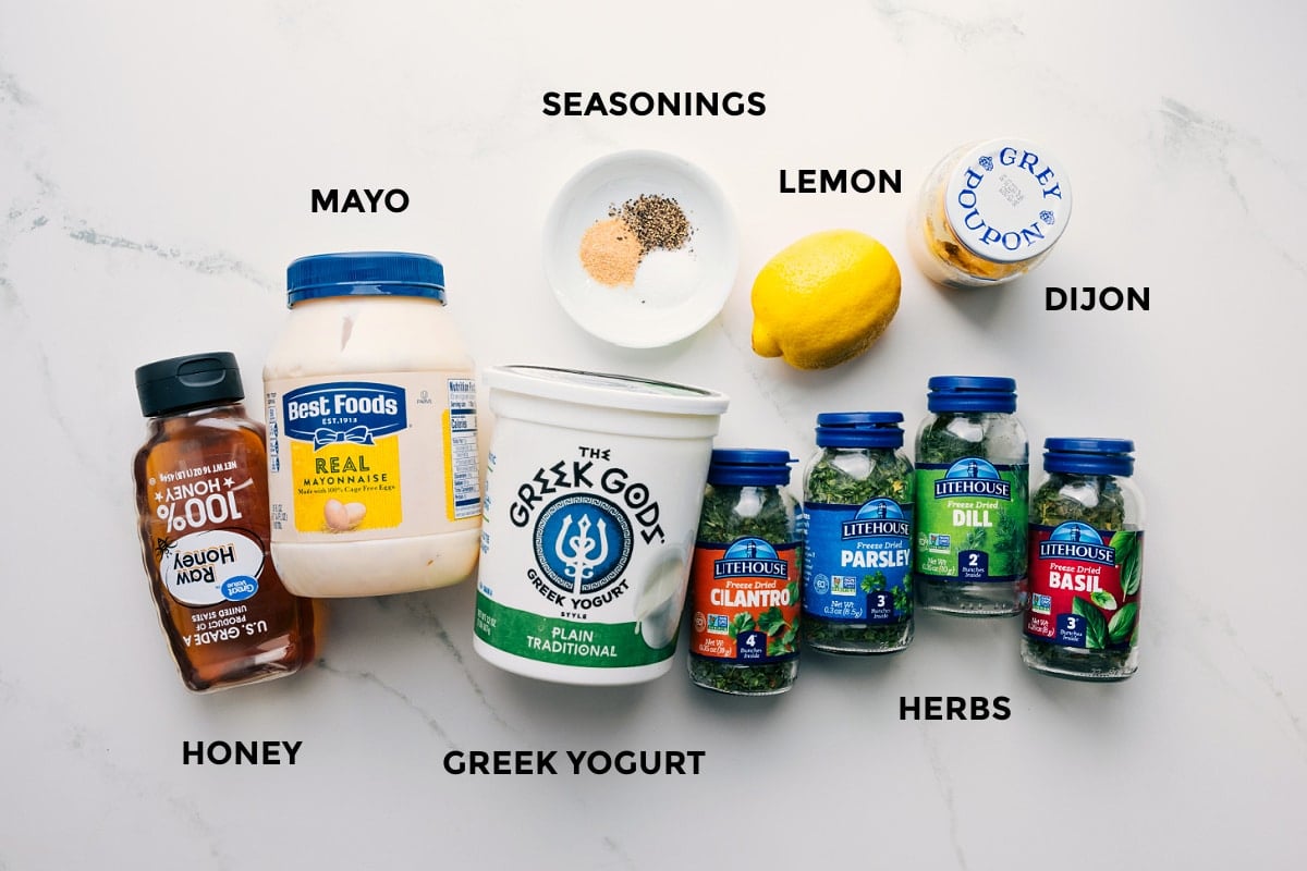 Green Goddess dressing ingredients, all prepped: mayo, honey, Greek yogurt, lemon, Dijon, herbs, and seasonings.