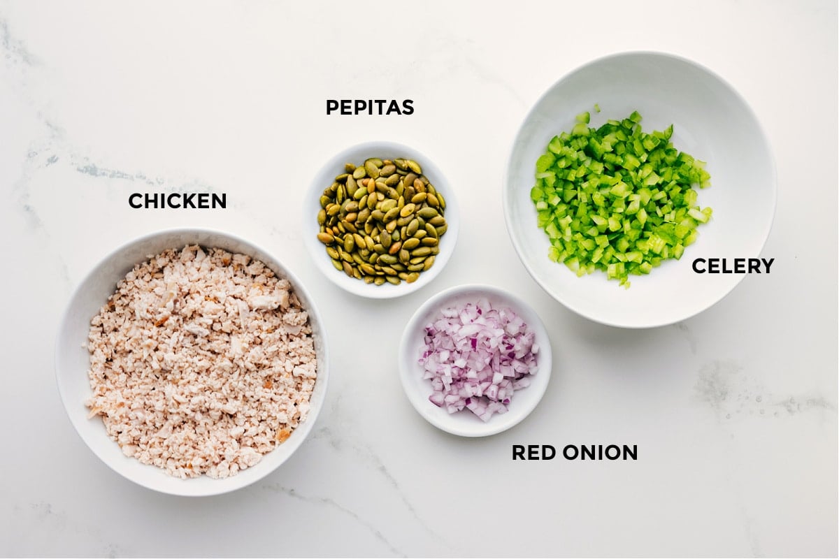 Chicken, pepitas, celery, and red onion all prepped and ready to go.