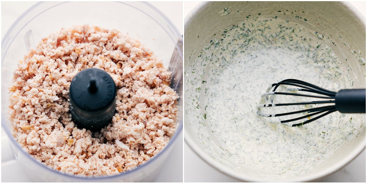 Chicken gets pulsed until finely shredded, and the dressing is whisked before combining it all.