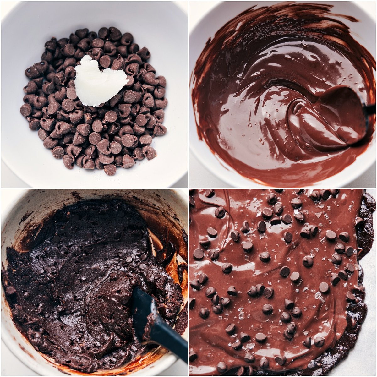 Melted chocolate mixed with ingredients, spread on a sheet pan, and topped with more melted chocolate, chocolate chips, and flaky sea salt for healthy brownie batter bark.