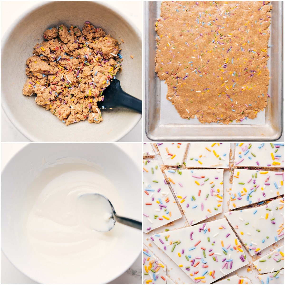 The cake batter dough mixed together in a bowl and then spread out of a pan into a thin layer and white chocolate melted and drizzled on top along with sprinkles.