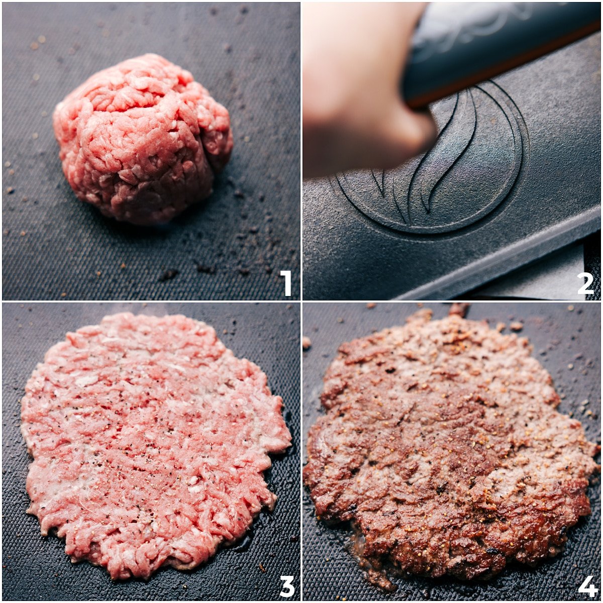 The beef being rolled into a ball and then smashed into a thin patty on the grill to brown.