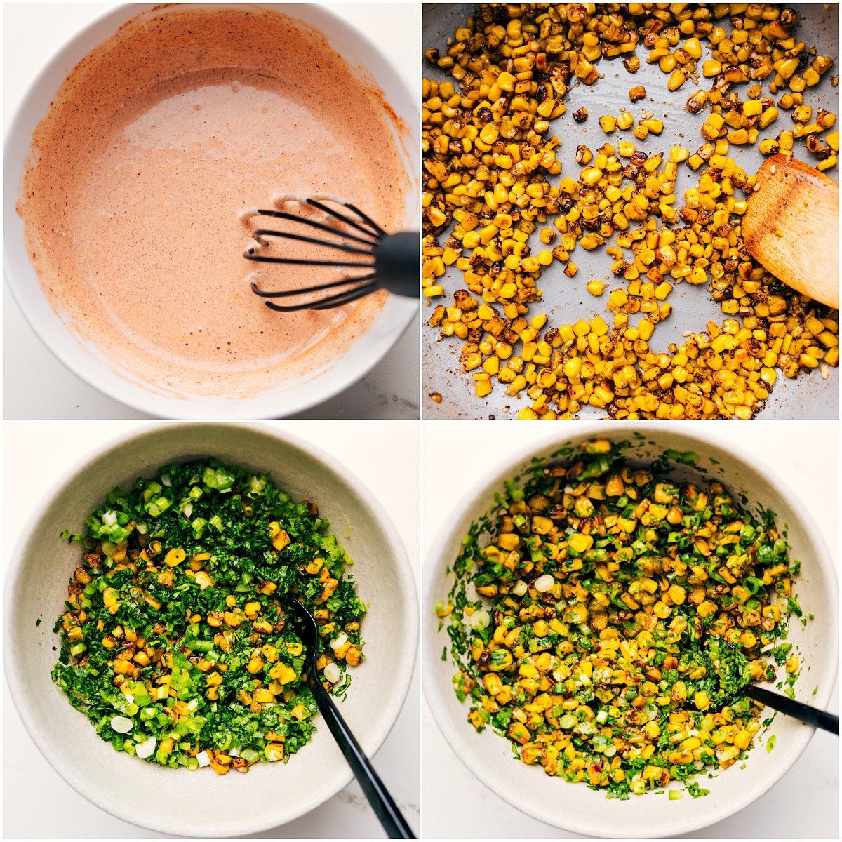 The yummy sauce and corn mixture being mixed together in separate bowls.