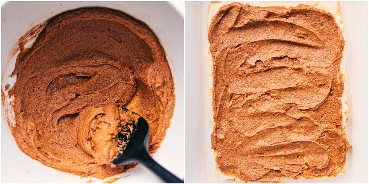 The filling mixture whipped together in a bowl and spread inside the rolls for these magic pumpkin cinnamon rolls.