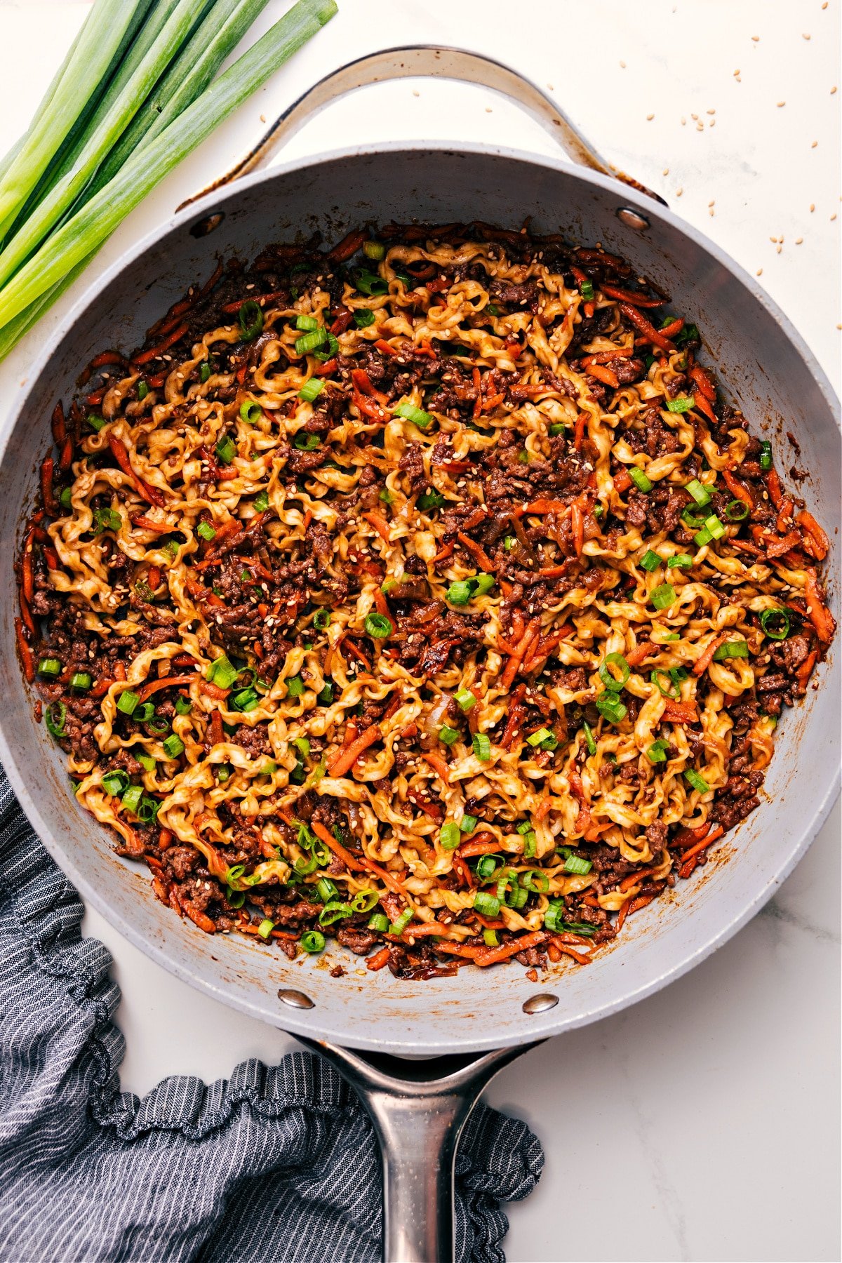 Trader Joe's Recipes: Beef noodle bowls in a skillet ready to serve.