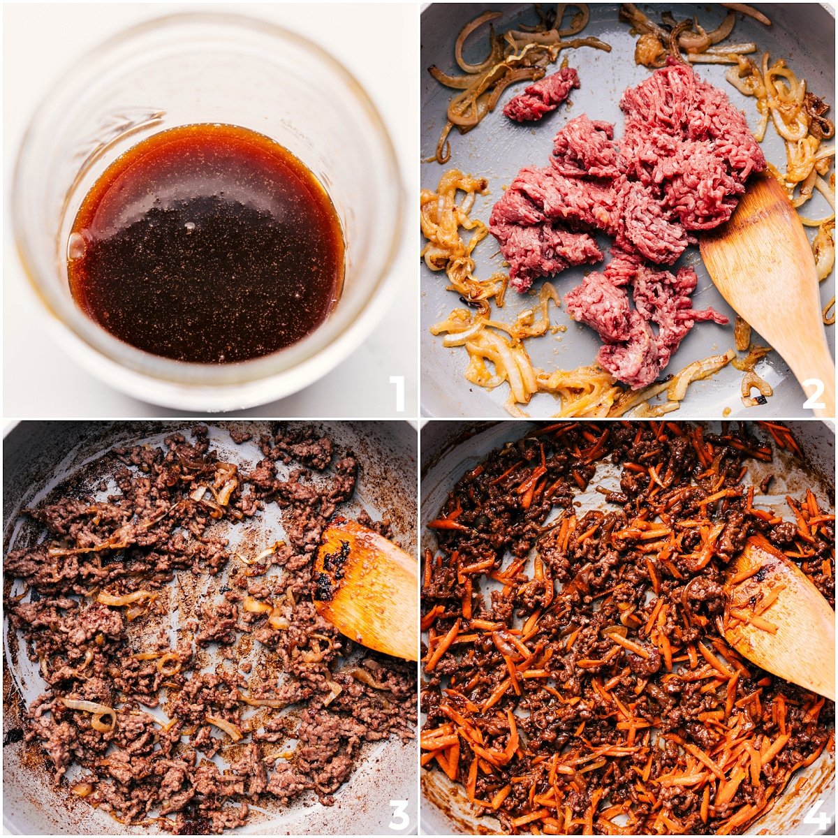 Beef browned with sautéed onions in a pan, sauce being added to make beef noodle bowls.