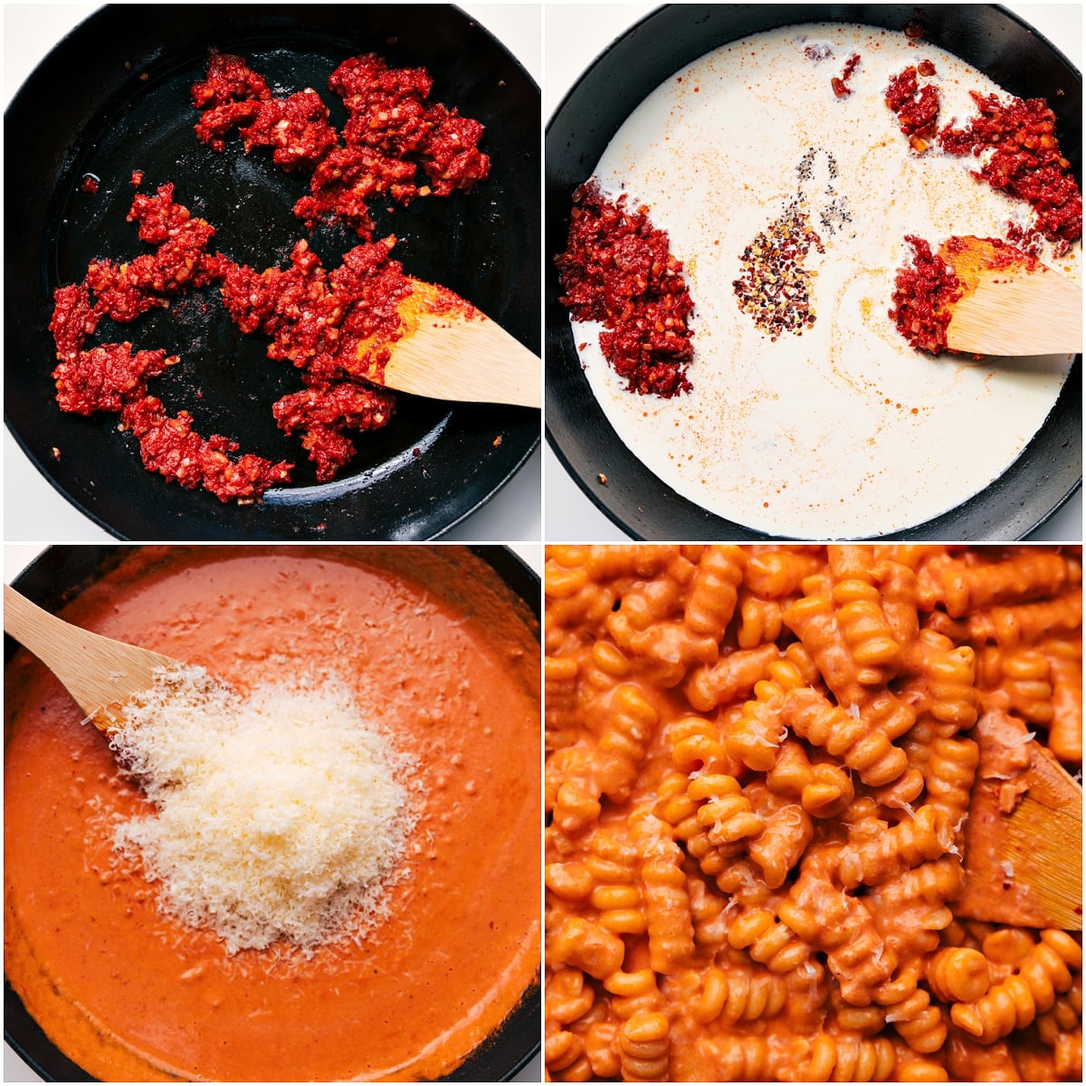 How To Make Creamy Tomato Pasta Recipe Onion sautéed in a pot with tomato paste, cream, seasonings, Parmesan, and pasta being added to make this creamy tomato pasta recipe.
