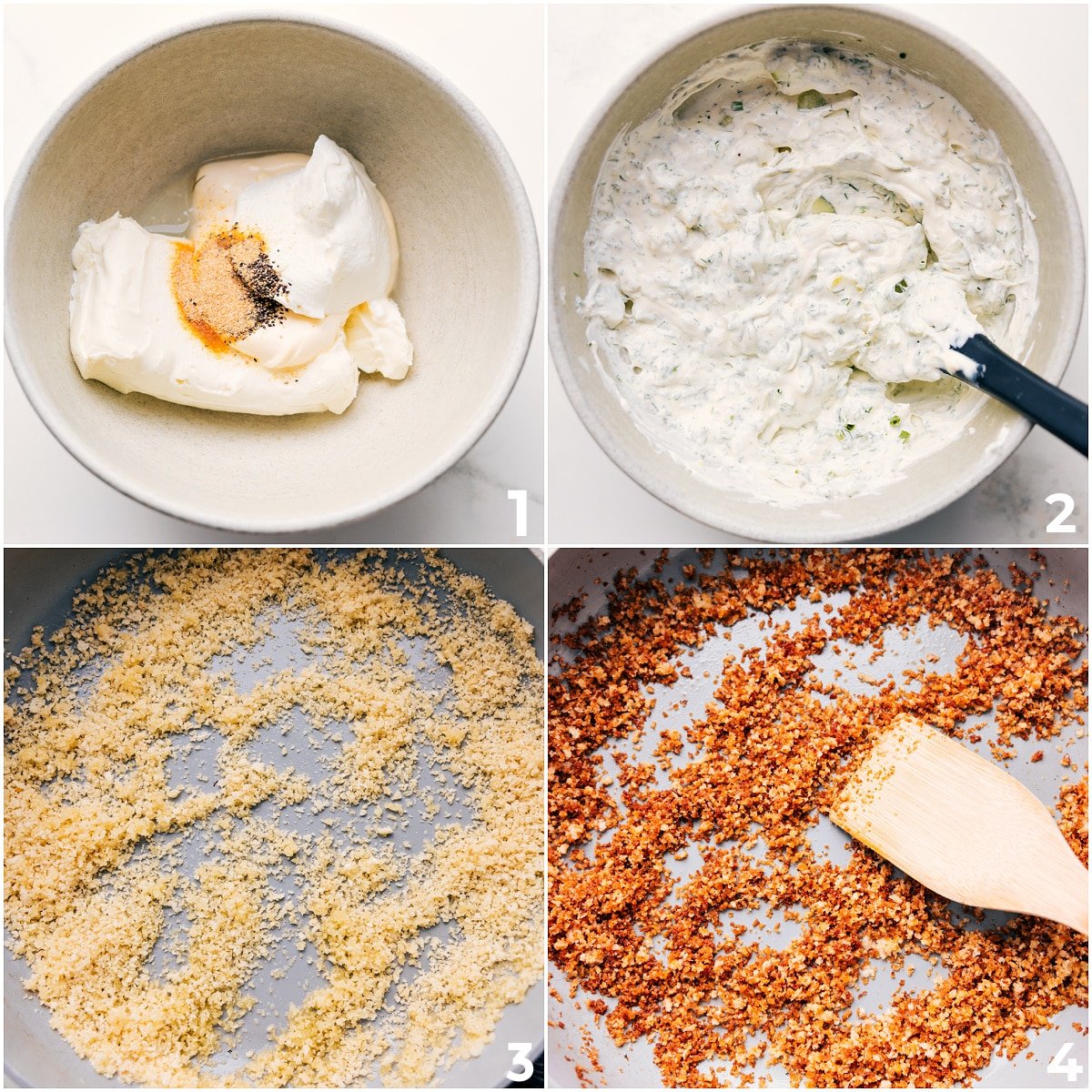 Fried Pickle Dip ingredients mixed in a bowl, with the panko topping being browned separately.